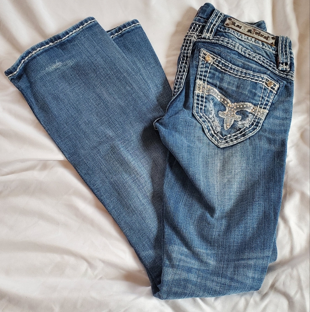 Rock Revival Alda Buckle Women's Distressed Boot Cut Jeans, Sz 25 Bling Pockets